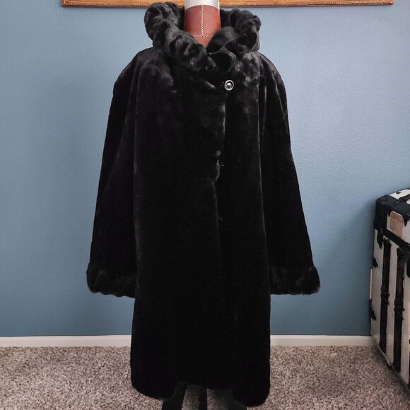 ALPINE STUDIO ~ Black Faux Mink Coat with Hood ~ XL ~ 38” L - Picture 4 of 16